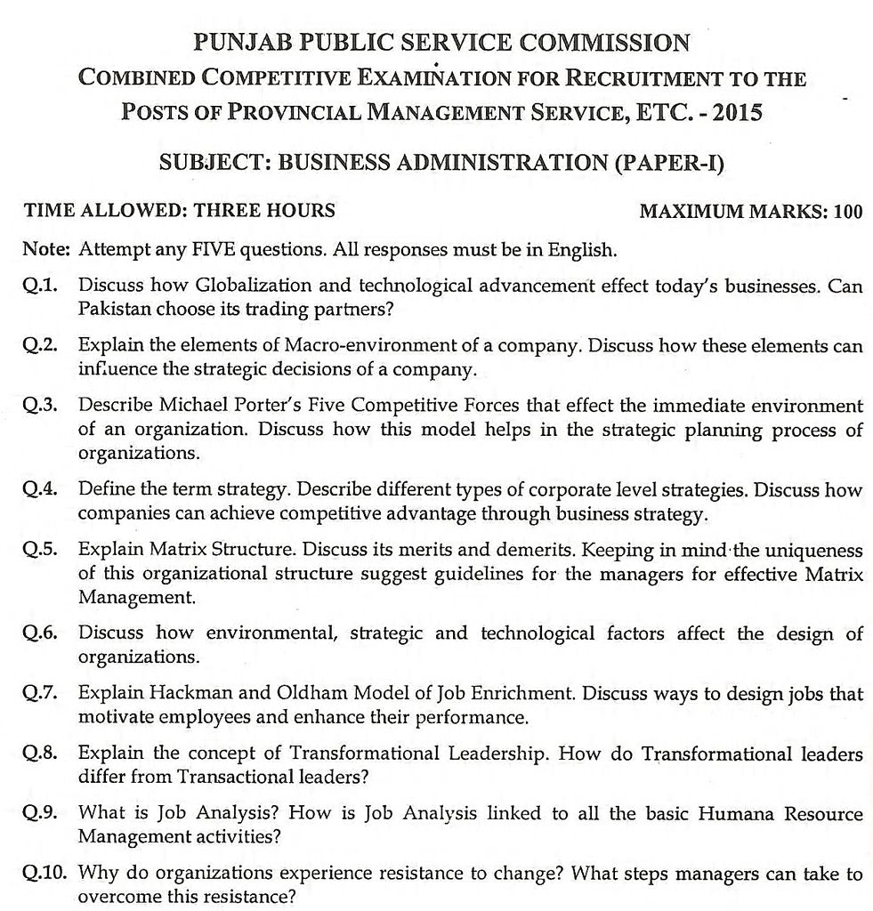 PMS Business Administration Paper 2015 CSS Forums